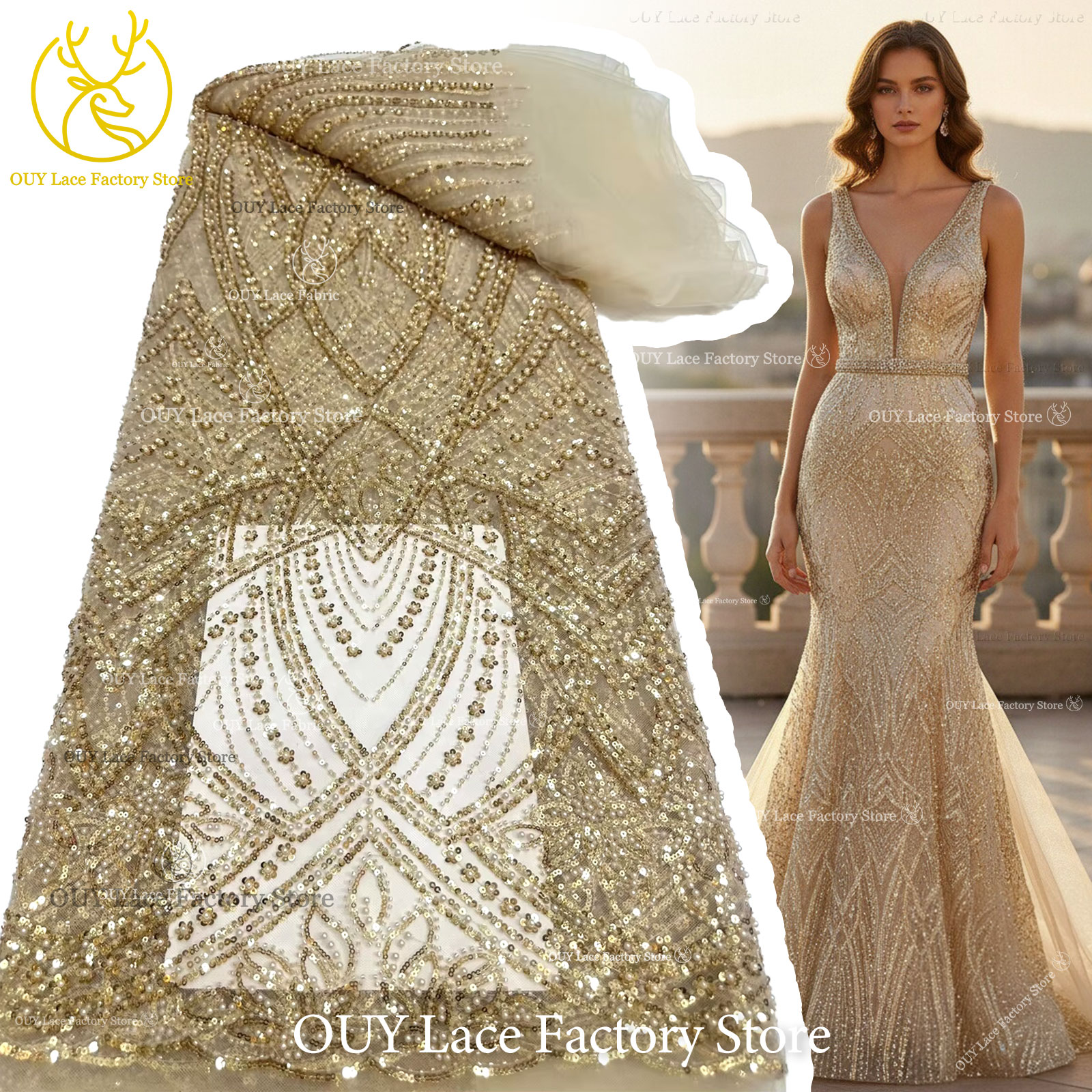 African Gold Beaded Lace Fabri - Glitter Tablecloth avaliação e preço